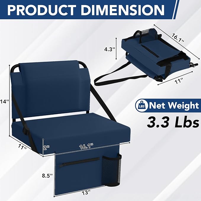 Stadium Seat 2 Pack for Bleachers with Back Support,Portable Bleacher Chairs with Back and Cushion，Navy