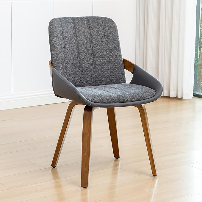 YOUUGIOR Dining Room Chairs Set of 2, Mid Century Modern Gray Fabric+Faux Leather Kitchen Chairs Armless,Bamboo Legs Side Chairs No Wheels,Accent Chair for Dining Rooms