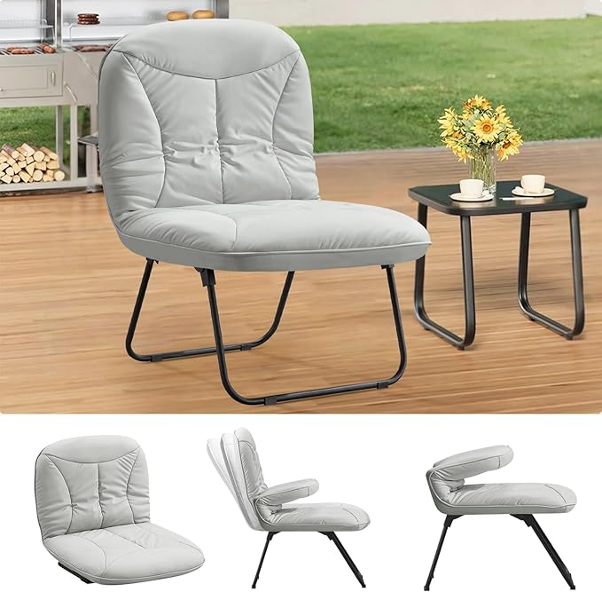 Furniliving 3 in 1 Folding Chair Foldable Floor Chair for Reading, Lounging & Gaming, Portable Camping Chair with Metal Frame Comfy Accent Chair Reading Chair for Indoor, Living Room, PU (Grey)
