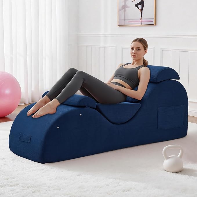 DRMBOOK Yoga Chairs for Adults, Corduroy Fabric Chaise Lounge with Headrest, Boneless Yoga Sofa Couch with Waist Cushion, Movable Footrest, Side Pockets for Relaxation Exercise Stretching (Blue)