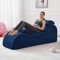 DRMBOOK Yoga Chairs for Adults, Corduroy Fabric Chaise Lounge with Headrest, Boneless Yoga Sofa Couch with Waist Cushion, Movable Footrest, Side Pockets for Relaxation Exercise Stretching (Blue)