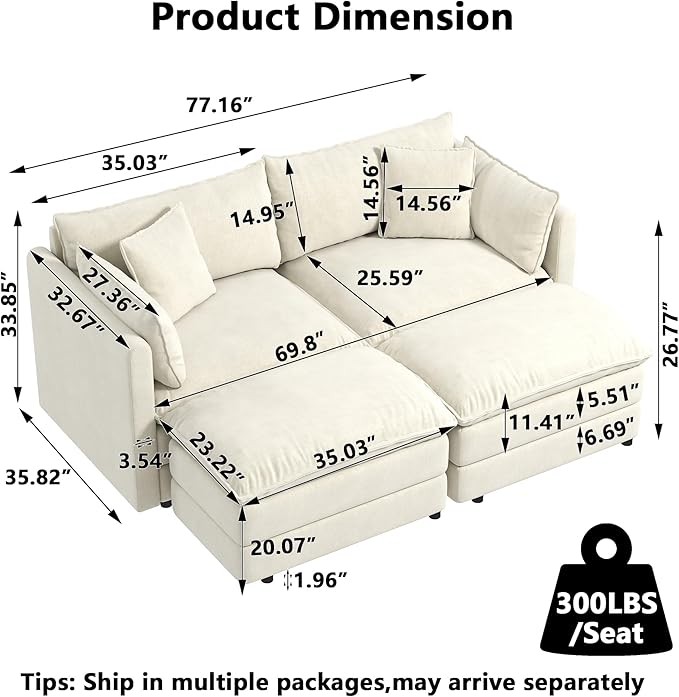 Aoowow Modular Sectional Sofa Modern Convertible Loveseat Couch,77.16 Inch Deep 2-Seater Sofas Comfy Chenille Cloud Sofas and Couches Set with 2 Movable Ottoman for Living Room Apartment（Beige）