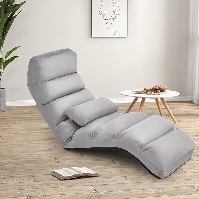 Giantex Folding Lazy Sofa Chair, Modern Chaise Lounge W/Pillow for Reading Leisure, Foldable Comfy Floor Accent Chair for Bedroom Living Room (Gray)