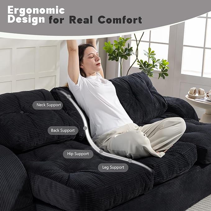 MeMoreCool Cloud Floor Sofa – 3-Seater Convertible Couch Bed, Tufted Corduroy, Black No Assembly | Modular Cushion Design | Compressed in a Box | Comfy for Living Room or Bedroom