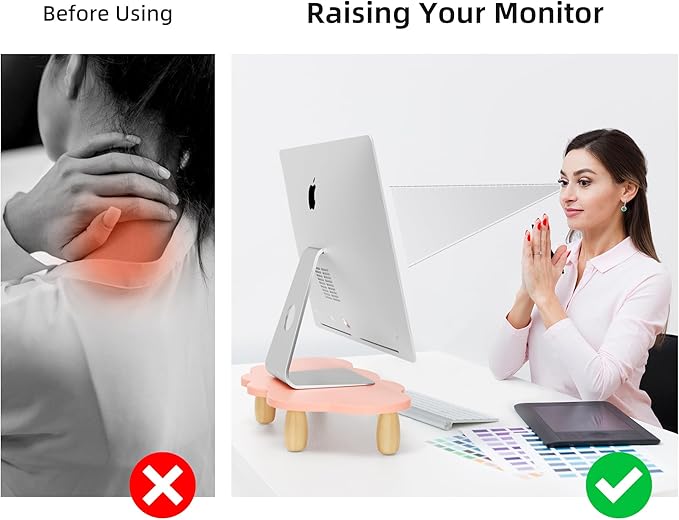 AFOOYO Monitor Stand Riser,Cloud-Shaped Sturdy Wood Computer Monitor Riser, Laptop Monitor Stand, Multi-Purpose Desktop Organizer Riser for Computer, Laptop, Printer, TV,Pink