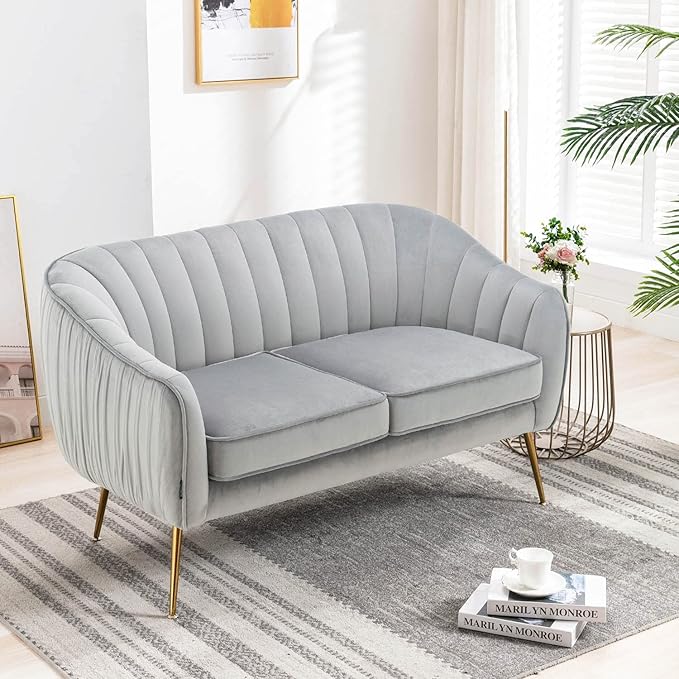 Altrobene Velvet Couch Sofa Chairs for Two People, Modern Loveseat for Living Rooms, Bedrooms, Small Spaces, Golden Finished, Grey
