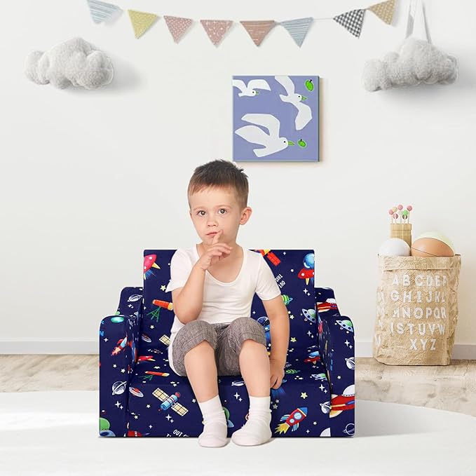alldomess Comfy Kids Couch, 2-in-1 Folding Kids Sofa Bed for Toddler Boys, Convertible Sofa to Lounger Toddler Couch Chair for Baby Bedroom Playroom Nursery,Rockets