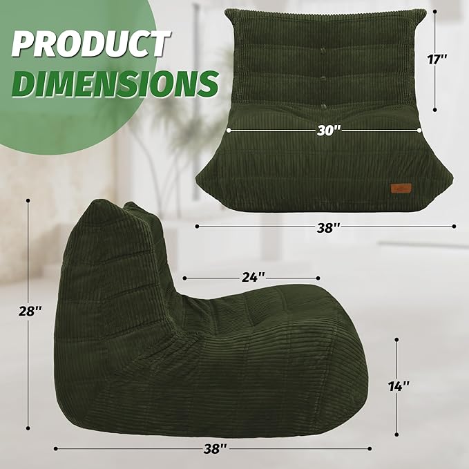 Bean Bag Chair,Giant Beanbag Chairs for Adults,Comfy Large Fireside Chair Lazy Sofa,Corduroy Bean Bag Lounger with Memory Foam Filled,Floor Sofa Couch for Home,Dorm,Living Room (Green)