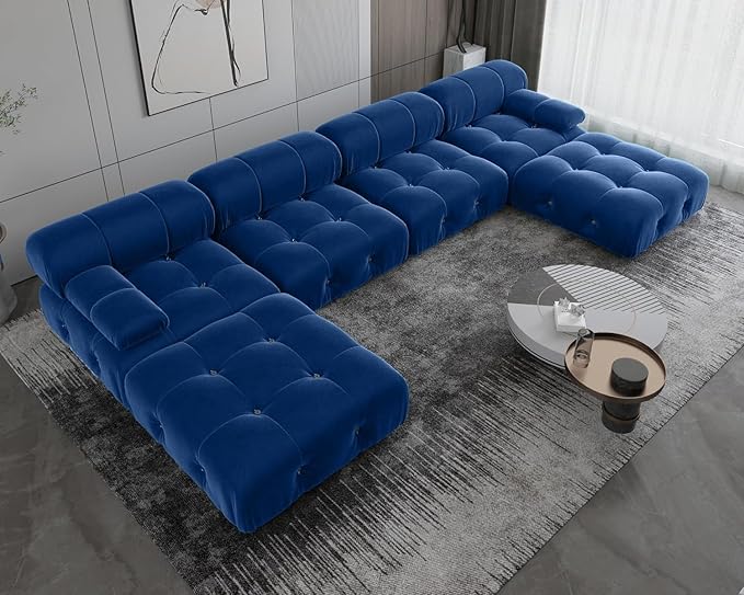 JACH 138" Modular Sectional Couches, U Shaped Minimalist Velvet Sofas, Convertible Sectional Sofa, Modern Comfy Couch with Chaise Ottomans for Living Room Apartment, (Blue)