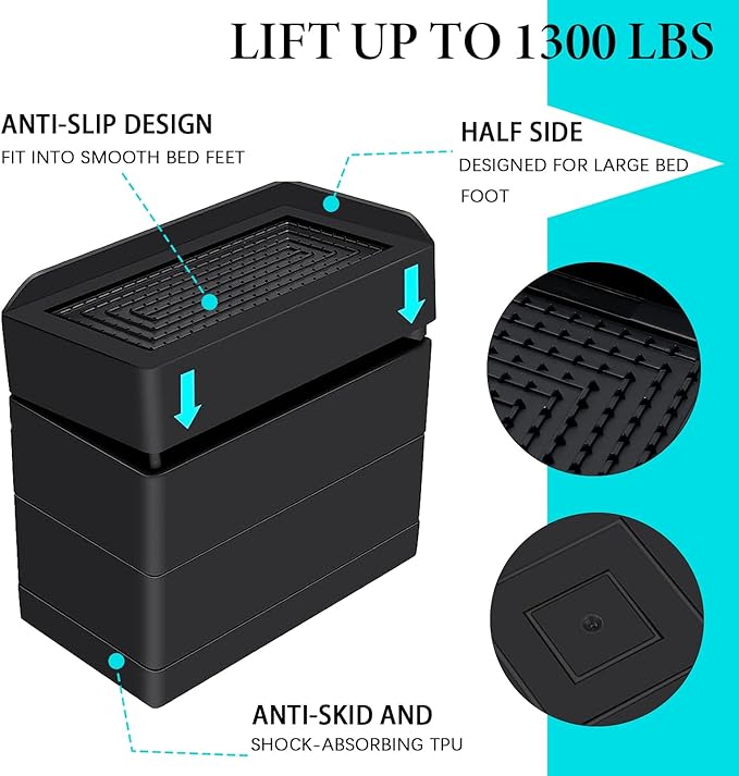 ANNKUT Furniture Risers 4 inch, Heavy Duty Furniture Elevator in Heights of 1.5, 3 or 4 Inch，Rectangle Raising Blocks for Bed, Couch, Desk, Sofa, Tables,Support Up to 1,300 Lbs (4 Pack-Black)