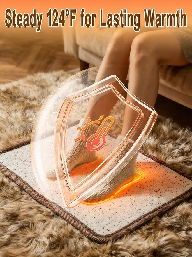 Heated Floor Mat - White Foot Warmer Under Desk, 15.7x19.7in Heated Feet Rest for Home Office Desk, Winter 110V Electric Heating Pad with 3 Timers & 10 Adjustable Temperature