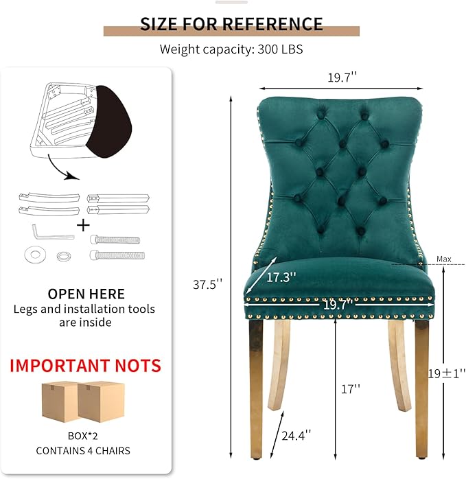 YeahFurn Mid Century Modern Dining Chairs Set of 4, Green Velvet Upholstered Tufted Back, Kitchen & Dining Room Chairs, Gold Metal Legs, Nailhead Trim, Sillas para Comedor (Green, 4 Pcs)