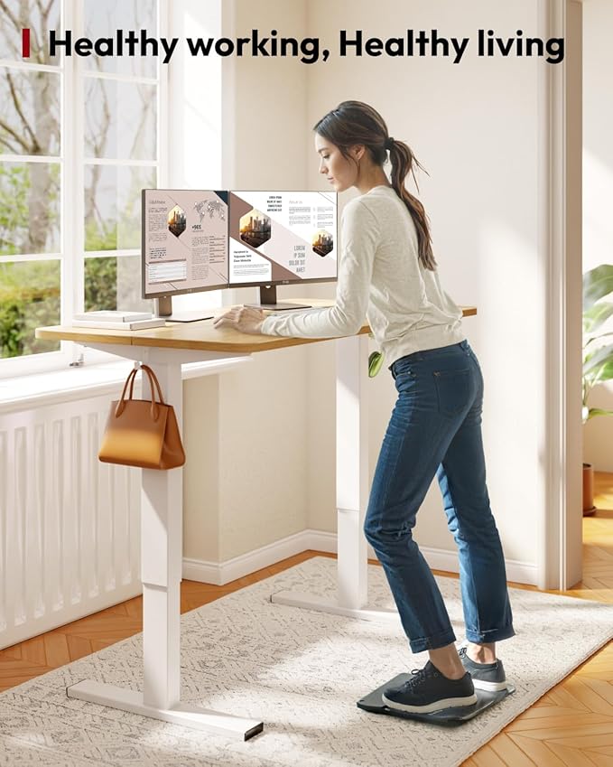 SANODESK Standing Desk Height Adjustable Electric 40x24 Inches Sit Stand Desk for Home Office Ergonomic with Splice Board Two Hooks, White Frame/Maple Top