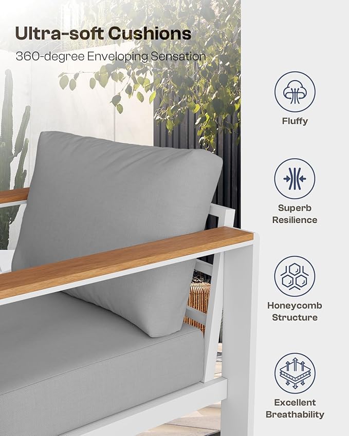 Oasbira Aluminum Outdoor Patio Furniture, 3 Seats All-Weather Outdoor Patio Sofa with Washable Thick Cushion, Patio Sofa Couch for Porch, Balcony, Deck, Yard, White
