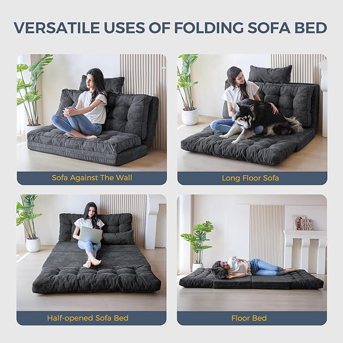 MAXYOYO Bean Bag Bed Tufted Folding Sofa With Pillows, Extra Thick and Long Floor Mattress for Adults, Twin Couch Bed for Bedroom Living Room, Dark Grey, 39x91 Inch