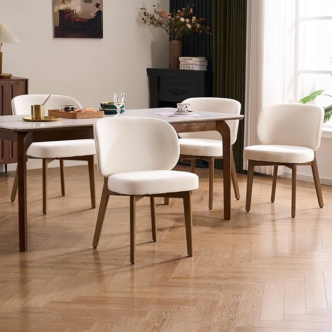 YOUNUOKE Upholstered Dining Chairs Set of 4, Modern Chenille Fabric Dining Room Chair with Wood Legs, Widen Backrest Comfy Armless Side Kitchen Chairs, Beige