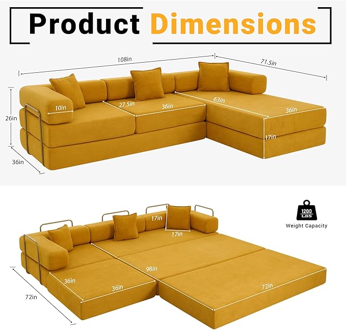 108" Convertible Sleeper Sofa Bed, Corduroy Folding Sofa Bed with Fixed-Shape Frame, Fold Out Floor Mattress Couch, Lazy Compression Sofas for Living Room, Bedroom, No Assembly Required,Yellow