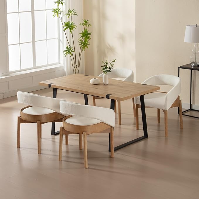 DUOMAY Modern Sherpa Dining Chairs Set of 6, Open Back Kitchen Chairs with Solid Wood Legs Upholstered Curved Back Side Chairs for Kitchen Restaurant, Fur White