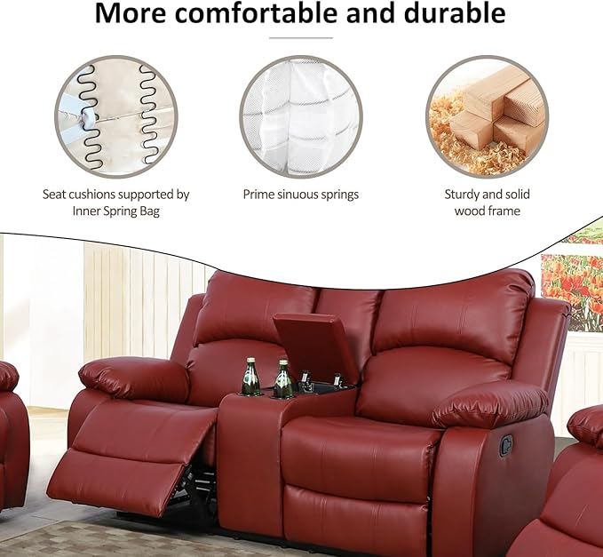 AYCP Bonded Leather Reclining Sofa Set, Loveseat with Storage, Red, Manual Recline, Living Room