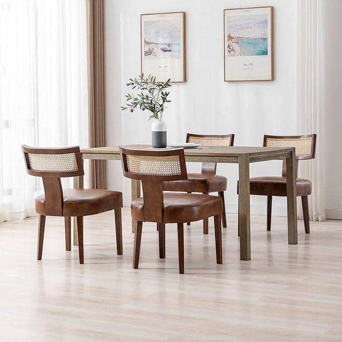 RIVOVA Mid Century Modern Dining Chairs Set of 4 Rattan Kitchen Chairs PU Leather Upholstered Side Chairs, Modern Kitchen Armless Solid Wood Dining Chairs, Brown