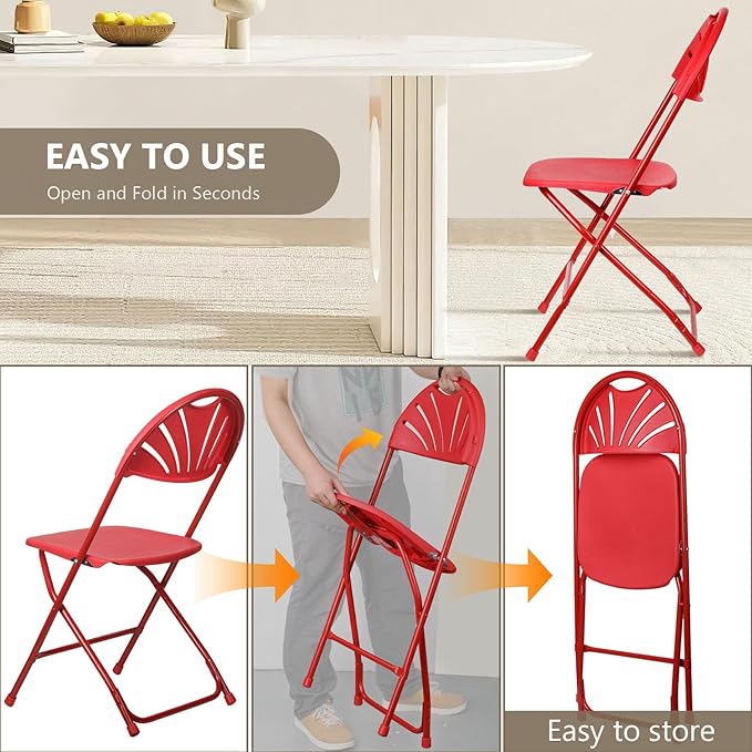 Folding Chairs 10 Pack, Heavy-Duty Plastic Foldable Chairs with Sturdy Metal Frame, 350 lbs Capacity, Fashion Stackable Portable for Weddings, Parties, Office, Indoor, Outdoor Events, Red