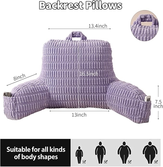 PAJEO Reading Pillow for Sitting in Bed, Large Backrest Reading Pillow with Arm Rest,Back-Rest Support Cushion for Sit Up on Couch, Sofa, and Floor (Light Purple Corduroy, Standard(17"))