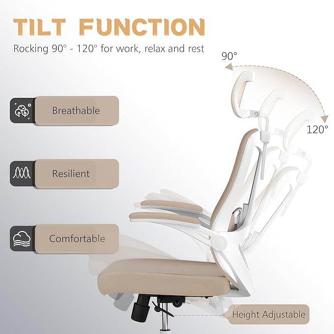 Ergonomic Office Chair - 400LB Comfy Desk Chairs with Adjustable Headrest and Lumbar Back Support, Mesh Computer Chairs with Wheels and Arms for Home Office, Study (Khaki-with Headrest)