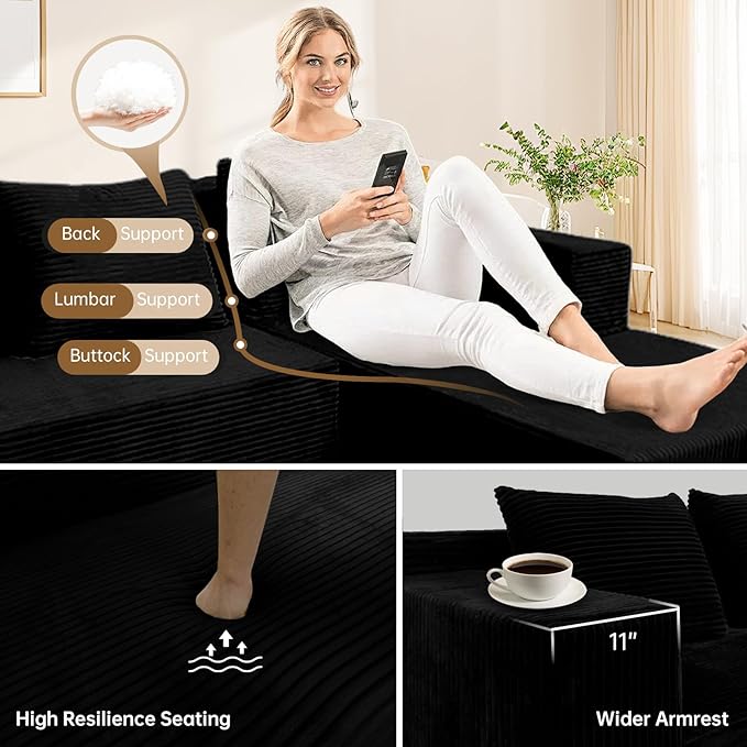 ANONER 103" Sofa Bed Sectional Cloud Couch with L-Shape Chaise, Modular Sofa with Deep Seat, Free Combination Cloud Couches for Modern Minimalist Living Room Apartment, No Assembly Required, Black