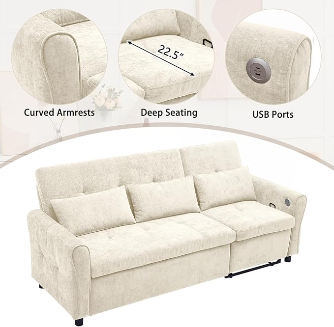 Gagawin 2 in 1 Convertible Sofa Bed with Reversible Recliner, Chenille 3-Seater Couch Sleeper with Pull Out Bed & Adjustable Backrest & Dual USB Charging Ports for Living Room, Beige