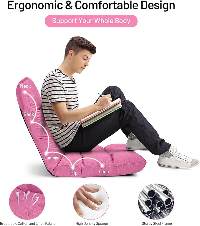 Giantex Floor Sofa Chair Video Gaming Chair with 14 Adjustable Position, Padded Back Support Floor Cushioned Seat, Folding Lazy Chair for Meditation, Reading, Watching, Living Room Recliner(Pink)