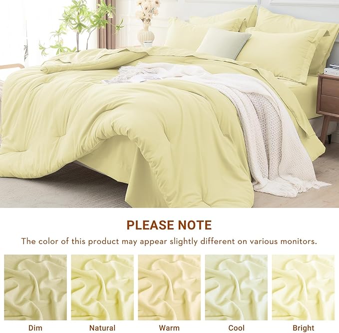 MUXHOMO 7 Pieces California King Comforter Set, Soft Bed in a Bag Cal King Size, All Season Bedding Set with Comforter, Flat Sheet, Fitted Sheet, Pillowcases & Shams, Cream Yellow