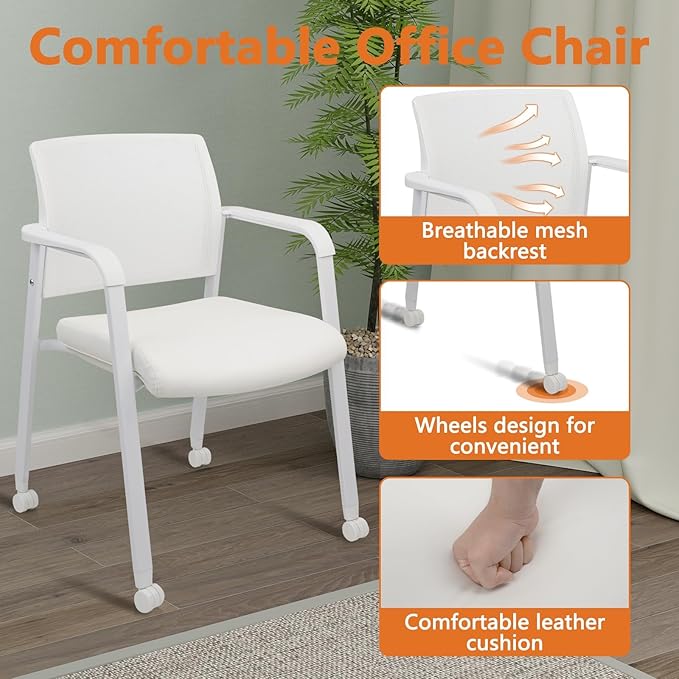 CLATINA Rolling Conference Chairs, 8 Pack Stackable with Wheels and Paddle, Ergonomic Mesh Back and Arms for Meeting, Conference, Training Room & Home Office (White)