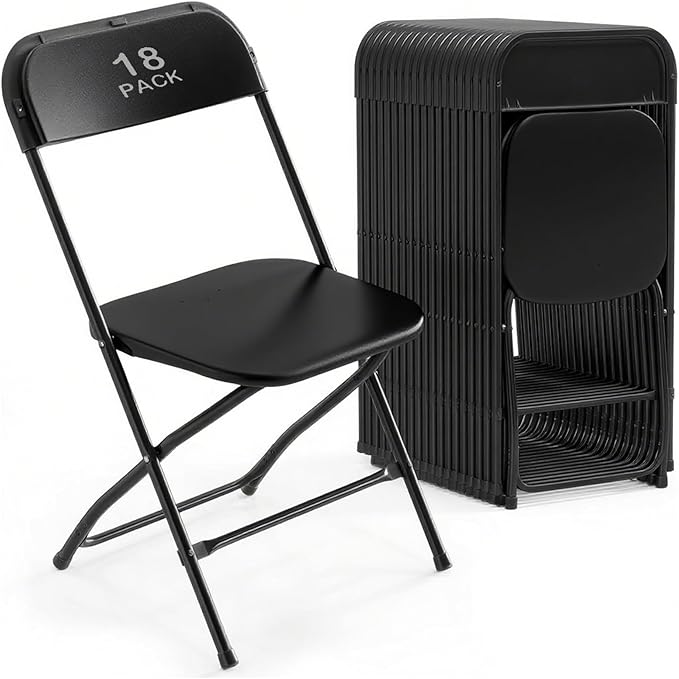 18 Pack Black Plastic Folding Chair, Indoor Outdoor Portable Stackable Commercial Seat with Steel Frame 350lb. Capacity for Events Office Wedding Party Picnic Kitchen Dining