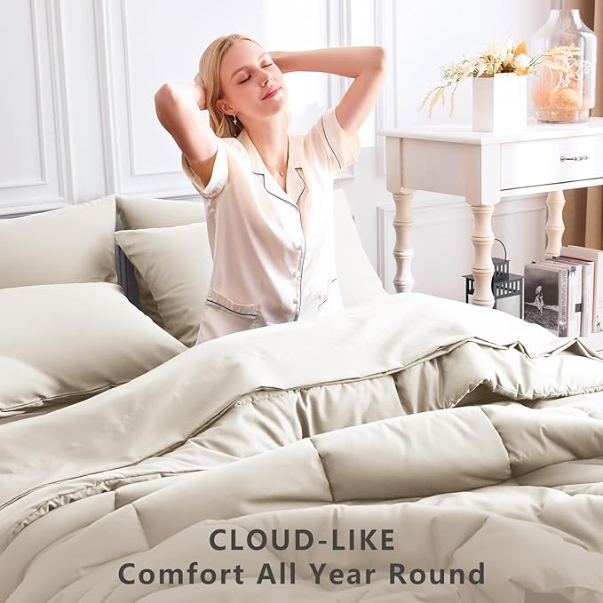CozyLux Queen Comforter Set Beige, 7 Pieces Bed in a Bag, Beige Comforter Queen Size, All Season Bedding Sets with Stitch Quilted Comforter, Flat Sheet, Fitted Sheet, Pillowcases