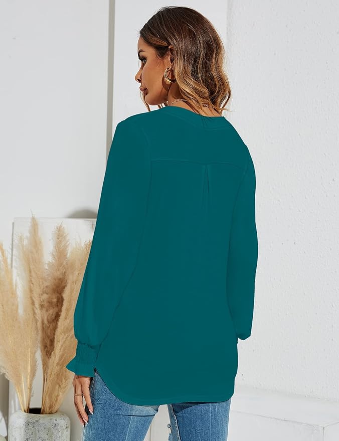 Romanstii Women's Casual V-Neck T-Shirts Loose Puff Long Sleeve Tops Tunic Blouses