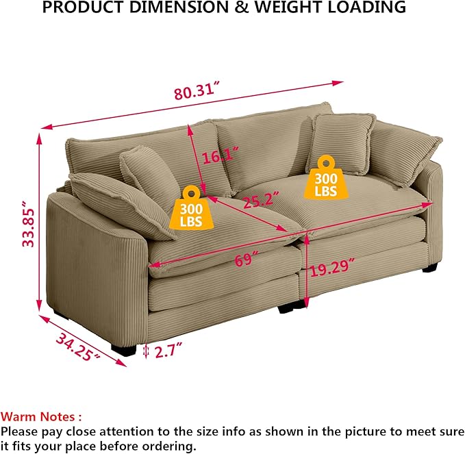 Aoowow Corduroy Loveseat Couch,Modern 2 Seater Cloud Couches for Living Room,Modular Sectional Cloud Sofas with Deep Seat,Large Love Seat for Small Spaces,Apartment,Office. (Tan, 2 Seater)