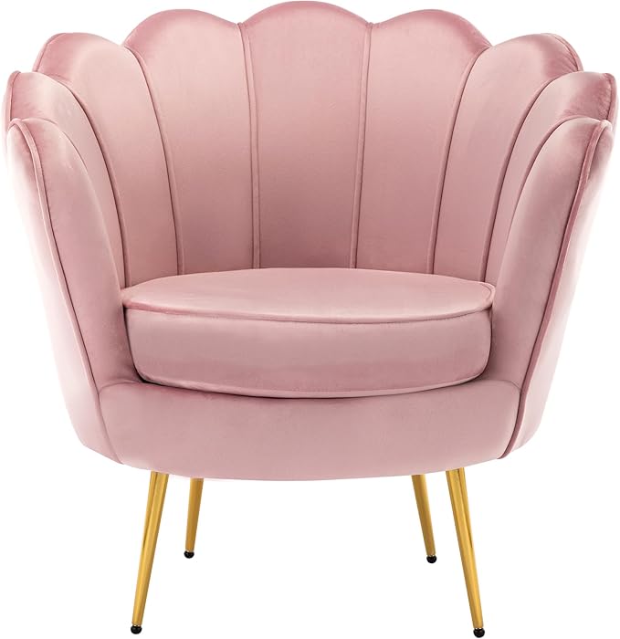 DAGONHIL Mid Century Modern Upholstered Accent Chair,Petal Vanity Chair,Retro Leisure Velvet Single Sofa with Golden Metal Legs for Living Room/Bedroom(Light Pink)