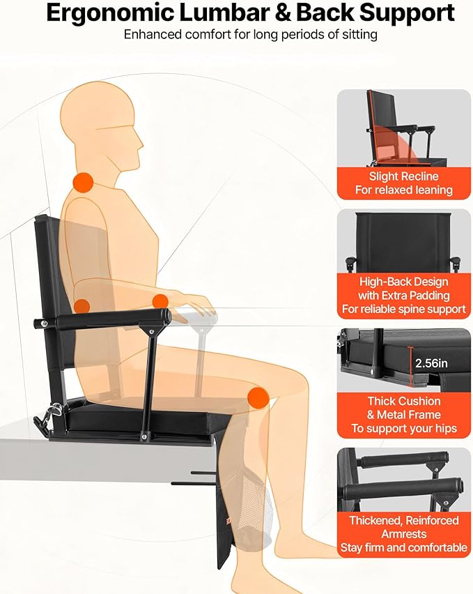 VEVOR Stadium Seat, Portable Bleacher Seat with Armrest, Back Support and Thick Cushion, Bench Chair for Bleacher Includes Shoulder Strap, Hooks, Cup Holder, Black Football Bleachers Seats, 1PCS