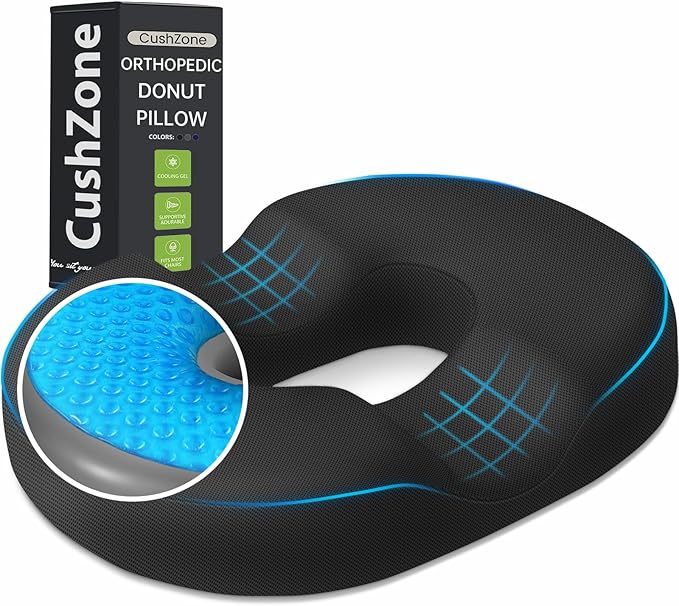 CushZone Donut Pillow Seat Cushion - Cooling Gel Floor Pillow, Memory Foam Floor Cushion for Office & Home, Car Seat, Hemorrhoids Pillow, Sciatica & Tailbone Pain Relief Chair Cushion, Black