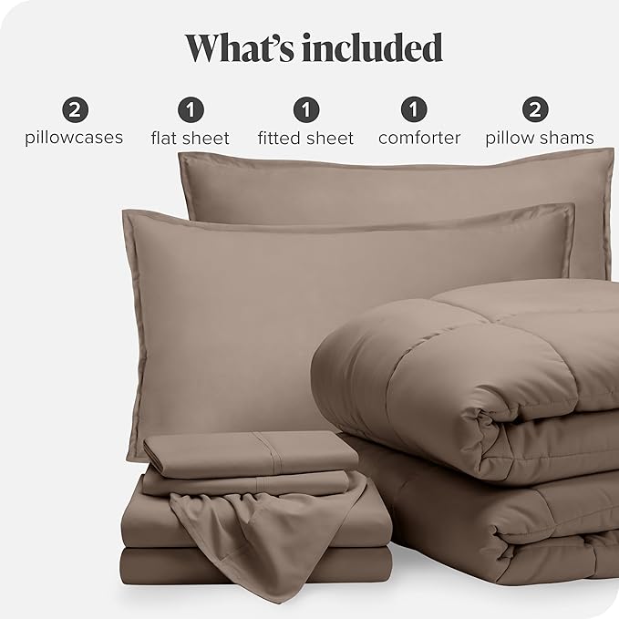 Bare Home Bed-in-A-Bag 7 Piece Comforter & Sheet Set - Queen - Goose Down Alternative - Ultra-Soft 1800 Premium - Bedding Set (Queen, Taupe/Taupe)