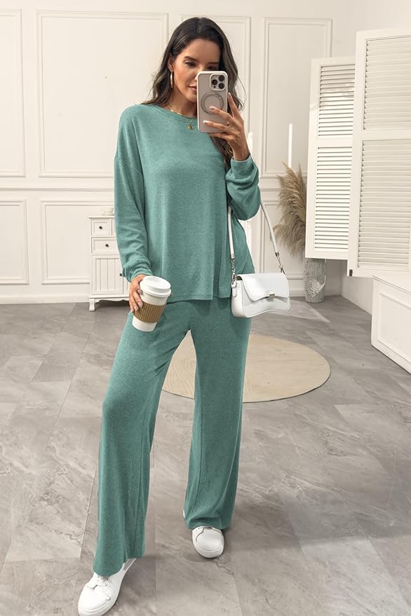AmazingStar Womens Lounge Set 2025 Fall 2 Piece Outfits Long Sleeve Tops Wide Leg Long Pants Cozy Matching Sets Clothing