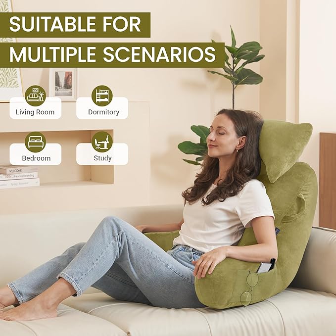 Unisakey Portable Reading Pillows with Headrest for Bed Sitting Up(Pale Green Oeko-Tex), Velvet Back Pillow with Arms & Pockets for Adults, Support Memory Foam Bed Pillow for Dorm/Watching/Gaming