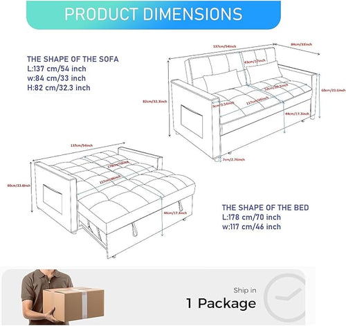 3 in 1 Convertible Sleeper Sofa Bed, Futon Couches for Living Room with Side Pocket | Adjustable Backrest| Velvet Fabric | Pull Out Couch | Love seat Sofa|2-seat Sofa Bed (Black)