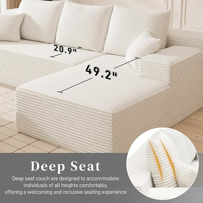 HYJT-H&K Modular Sectional Sofa Cloud Sectional Couch, 107" Comfy Fluffy L Shaped White Couches for Living Room Deep Seat Memory Foam Plush Corduroy Boneless Couch Sectionals Right Facing Chaise Sofa
