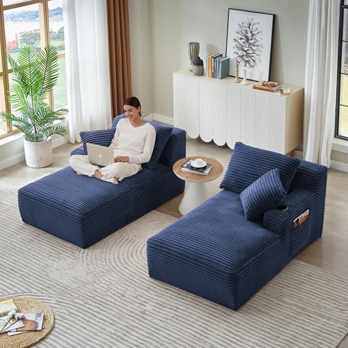 71" Oversized Double Chaise Lounge Sofa Indoor Boneless Sleeper Daybed, Fluffy Corduroy Upholstered Compressed Cloud Couch Loveseat Sofabed, Floor Chair w/Cupholders, Side Pockets for Living Room