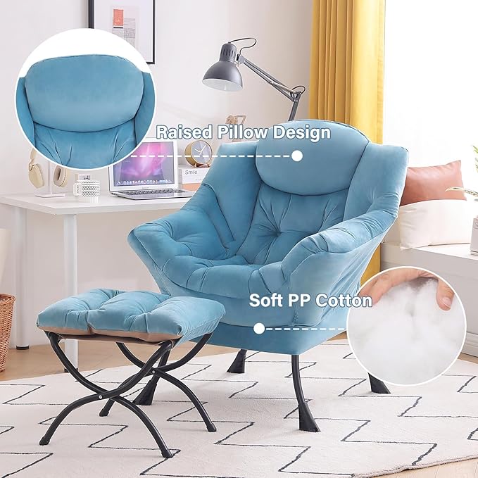 Tiita Lazy Chair with Ottoman, Blue Chiars Modern Large Accent Lounge Armchair, Comfy Leisure Sofa Reading Chair with Footrest for Bedroom, Living Room, Dorm Rooms, Garden, Velvet Light Blue