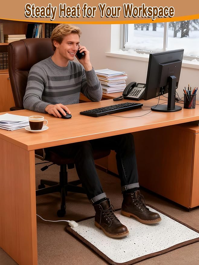 Heated Floor Mat - White Foot Warmer Under Desk, 19.7x21.7in Heated Feet Rest for Home Office Desk, Winter 110V Electric Heating Pad with 3 Timers & 10 Adjustable Temperature