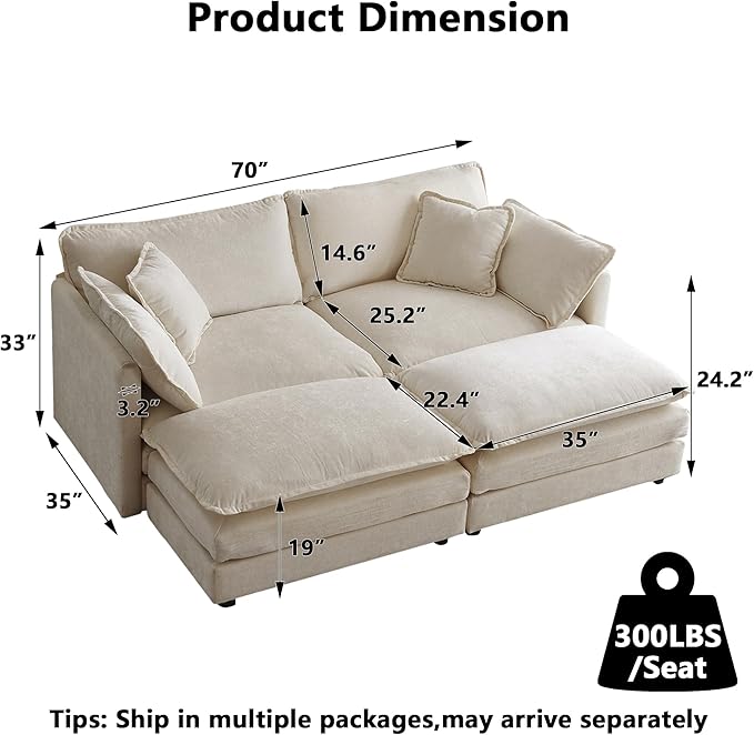 Aoowow Modular Sectional Sofa Modern Convertible Loveseat Couch,77.16 Inch Deep 2-Seater Sofas Comfy Chenille Cloud Sofas and Couches Set with 2 Movable Ottoman for Living Room Apartment（Light Coffee）