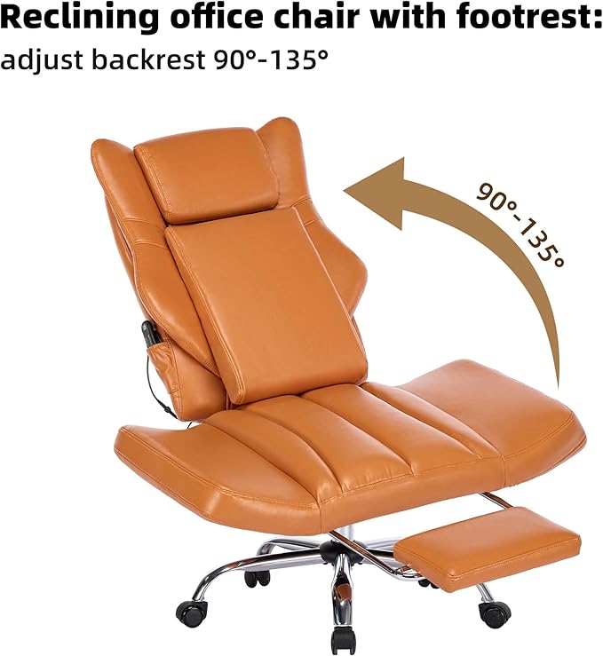 DYHOME Orange Leather Office Chair with Massage and Footrest, Heavy Duty Task Desk Chairs,Swivel Ergonomic Computer Gaming Chairs with Lumbar Support, Wheels Flip-up Arms Adjustable Height