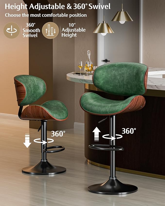 Aowos Bar Stools, Adjustable Swivel Leather Bar Stools for Kitchen Island, Mid Century Modern Counter Height Bar Chairs Barstools with Back & Footrest (Green 1PCS)